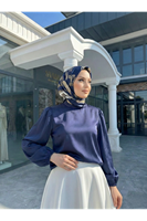 TUN05944-LCV Arka Fermuar Detay Saten Tunik-Lacivert