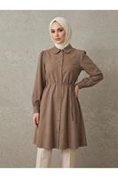 TUN05956-VİZ Bebe Yaka Omuz Kol Büzgülü Tunik-Vizon