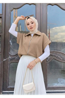 YEL00879-VİZ Fermuar Detay Yelek-Vizon