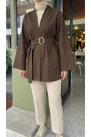 CKT01784-KHV Geniş Manşet Kuşak Detay Ceket-Kahve