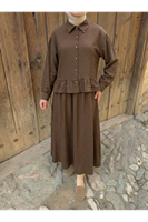 EİT00108-KHV Büzgü Detay Etekli Takım-Kahve