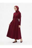 ELB04125-BRD Önü Pensli Kuşak Aksesuar Detay Elbise-Bordo