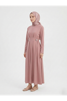 ELB04125-PDR Önü Pensli Kuşak Aksesuar Detay Elbise-Pudra