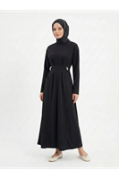 ELB04125-SYH Önü Pensli Kuşak Aksesuar Detay Elbise-Siyah