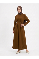 ELB04125-TAB Önü Pensli Kuşak Aksesuar Detay Elbise-Taba