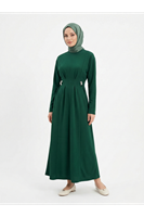 ELB04125-ZMR Önü Pensli Kuşak Aksesuar Detay Elbise-Zümrüt Yeşili