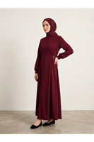 ELB04126-BRD Kuşak Toka Detay Elbise-Bordo