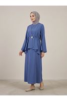 ELB04137-İND Aksesuar Detay İkili Elbise-İndigo
