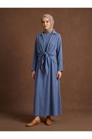 ELB04138-İND Yakalı Ön Bağlamalı İkili Elbise-İndigo