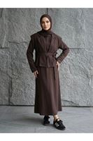 ELB04141-KHV Yelekli İkili Elbise-Kahve