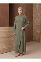 ELB04143-HKİ Omuz Pİle Toka DetayTensel  Elbise-Haki