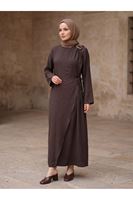 ELB04143-KHV Omuz Pİle Toka DetayTensel  Elbise-Kahve