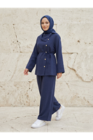 PİT00507-LCV Çapraz Düğmeli Pantolonlu Takım-Lacivert