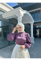 TUN05944-GKR Arka Fermuar Detay Saten Tunik-Gül Kurusu