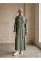 CKT01791-HKİ Yakalı Yandan Bağlamalı Uzun Ceket-Haki