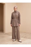 PİT00511-DMN Ön Roba Detay Pantolonlu Takım-Duman