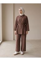 PİT00511-KHV Ön Roba Detay Pantolonlu Takım-Kahve