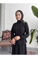 EİT00115-SYH Omuz Aksesuar Detay Etekli Takım-Siyah