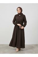 ELB04145-KHV Bel Fırfır Detay Yarım Pat Elbise-Kahve