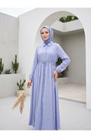ELB04145-MAV Bel Fırfır Detay Yarım Pat Elbise-Mavi