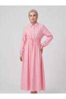 ELB04145-PMB Bel Fırfır Detay Yarım Pat Elbise-Pembe