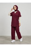 PİT00518-BRD Yan Bağlamalı Yelekli Takım-Bordo