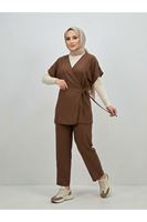 PİT00518-KHV Yan Bağlamalı Yelekli Takım-Kahve