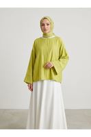 TUN05979-69 Geniş Takma Manşet Tunik-YAĞ YEŞİLİ