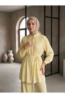 PİT00514-SRI Ön Arka Pileli Pantolonlu Takım-Sarı