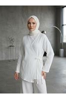 PİT00521-EKR Yan Bağlamalı Müslin Takım-Ekru