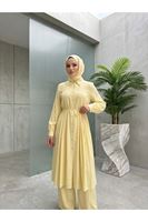 PİT00519-SRI Ön Arka Pileli Pantolonlu Takım-Sarı