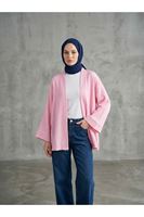 HIR02445-PMB Yaka Bantlı Müslin Hırka-Pembe