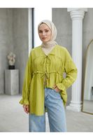 TUN05980-69 Büzgülü Bağlamalı Tunik-YAĞ YEŞİLİ