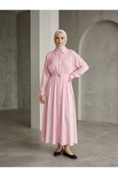 ELB04151-PMB Bel Lastik Yarım Pat Aksesuar Detay Elbise-Pembe