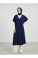 ELB04161-LCV Rahat Kesim V Yaka Çilek Elbise-Lacivert