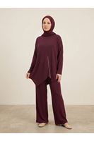 PİT00528-BRD Fermuar Detay Asimetrik  Kesim Pantolonlu Takım-Bordo