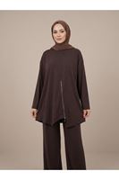 PİT00528-KHV Fermuar Detay Asimetrik  Kesim Pantolonlu Takım-Kahve