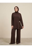 PİT00532-KHV Broş Detay Pantolonlu Takım-Kahve