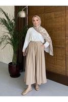 PNT01578-BEJ Bel Lastik Pileli Pantolon-Bej
