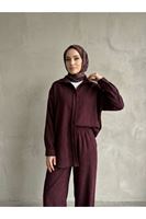 PİT00545-BRD Denim Modal Pantolonlu Takım-Bordo