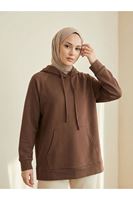 TUN06010-P102 Kapşonlu Kanguru Cep Oysho Tunik-Açık Kahve