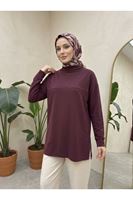 TUN06008-BRD Yarım Yaka Ön Robalı Yırtmaçlı Tunik-Bordo
