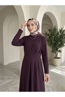 ELB04179-BRD Derin Üç Pileli Elbise-Bordo