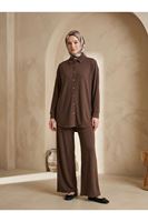 PİT00553-KHV Yakalı Patlı Pike Pantolonlu Takım-Kahve
