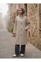 TRÇ00150-TAŞ Reglan Kol Flota Cep Uzun Trençkot-Taş