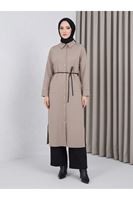 ELB04186-VİZ Yakalı Patlı Oysh Elbise-Vizon