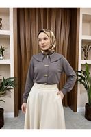 TUN06017-P102 Şal Yaka Patlı Tunik-Açık Kahve