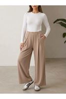 PNT01580-BEJ Pileli Kemer Detay Cepli Pike Pantolon-Bej
