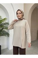 TUN06011-BEJ Yan Hareket Yırtmaç Detay Oysh Tunik-Bej